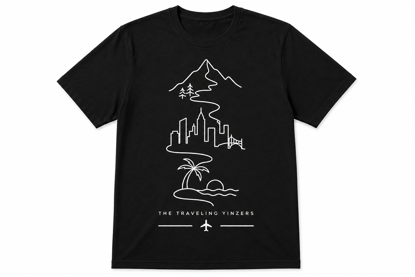 Black t-shirt with white continuous line art journey design showing mountains city and beach by The Traveling Yinzers