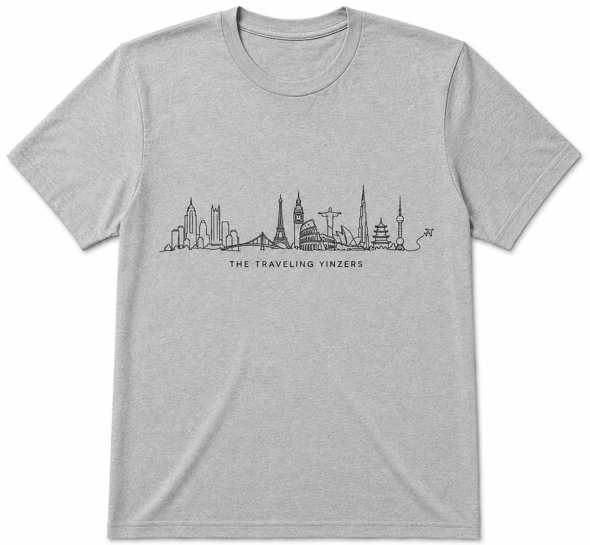 Grey t-shirt with black line art world landmarks skyline and The Traveling Yinzers text