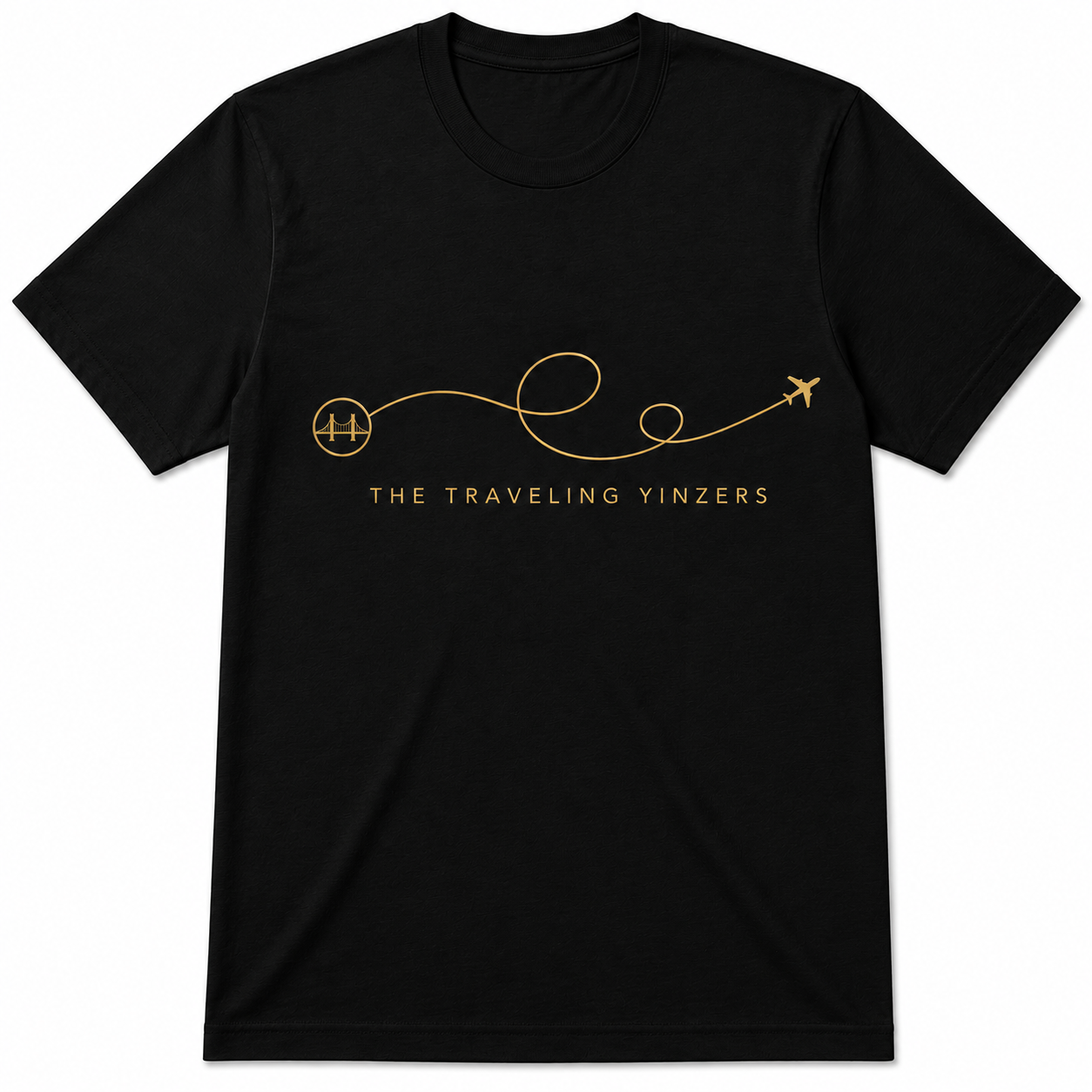 Grey t-shirt with black minimalist flight path and bridge graphic by The Traveling Yinzers