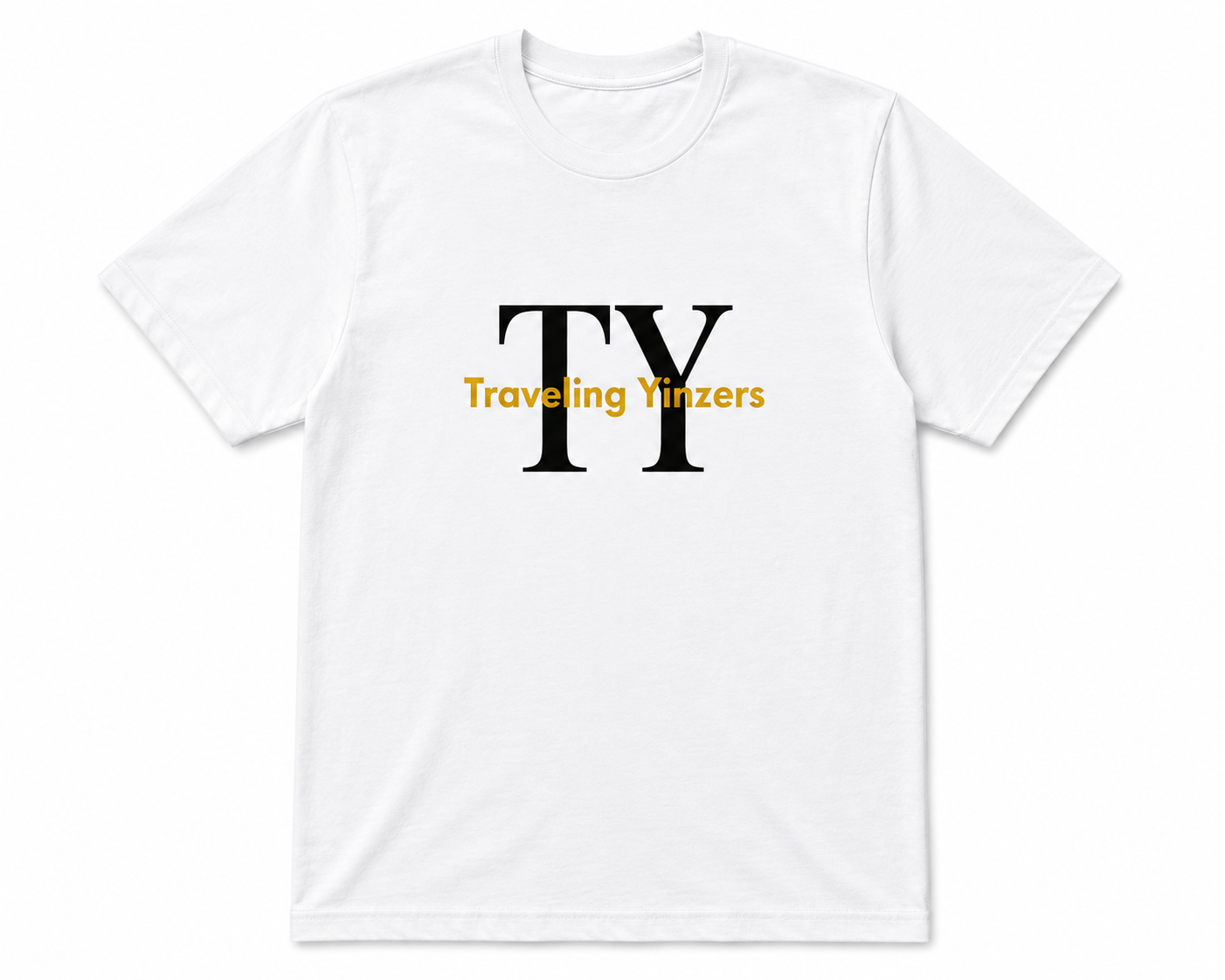 White t-shirt with oversized TY serif monogram and gold Traveling Yinzers wordmark