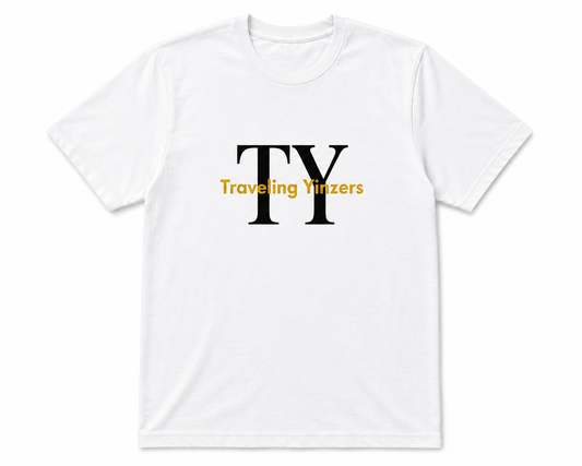 White t-shirt with oversized TY serif monogram and gold Traveling Yinzers wordmark