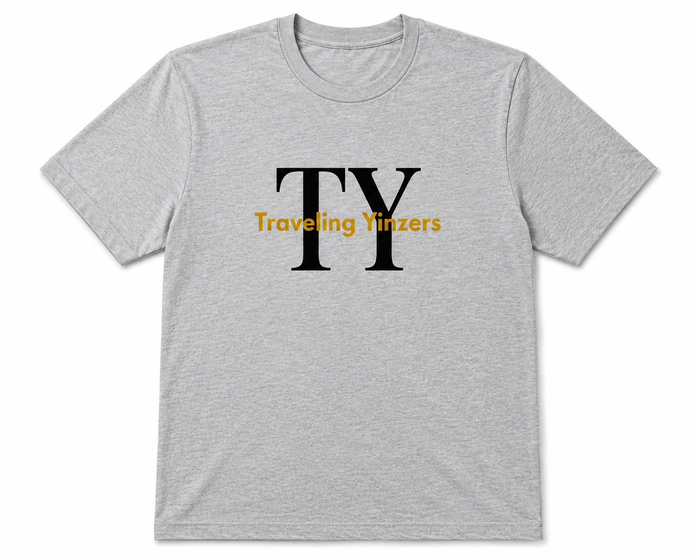 Grey t-shirt with oversized TY serif monogram and gold Traveling Yinzers wordmark