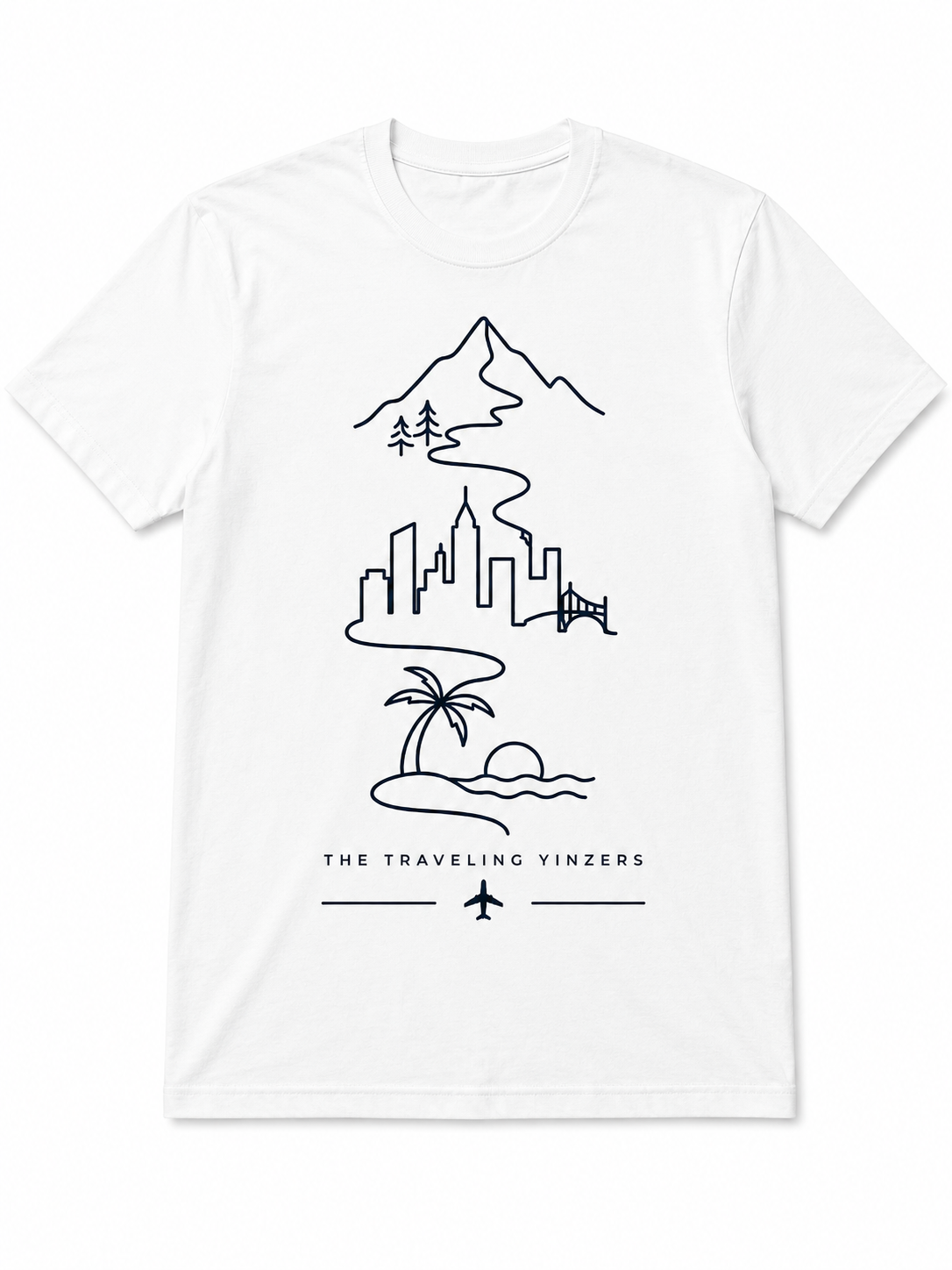 White t-shirt with continuous line art journey design showing mountains city and beach by The Traveling Yinzers