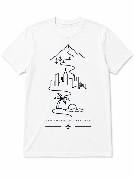 White t-shirt with continuous line art journey design showing mountains city and beach by The Traveling Yinzers