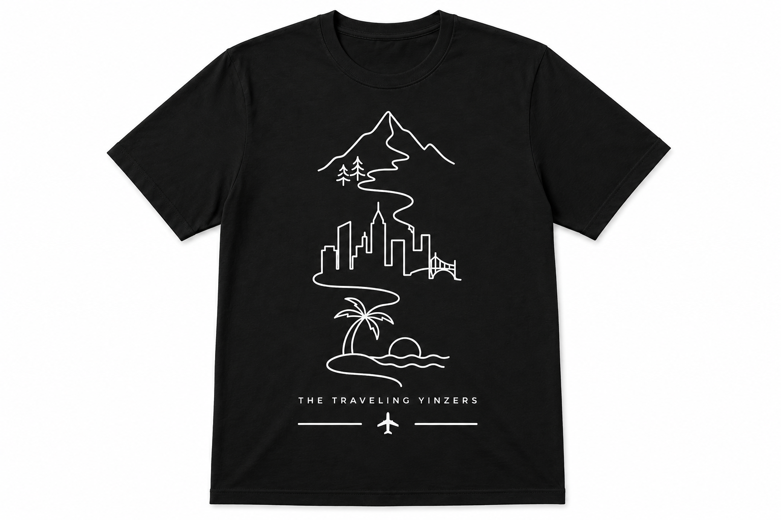 Black t-shirt with white continuous line art journey design showing mountains city and beach by The Traveling Yinzers