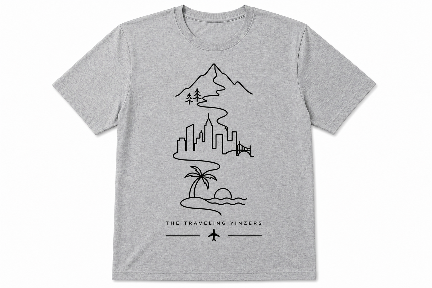 Grey t-shirt with continuous line art journey design showing mountains city and beach by The Traveling Yinzers