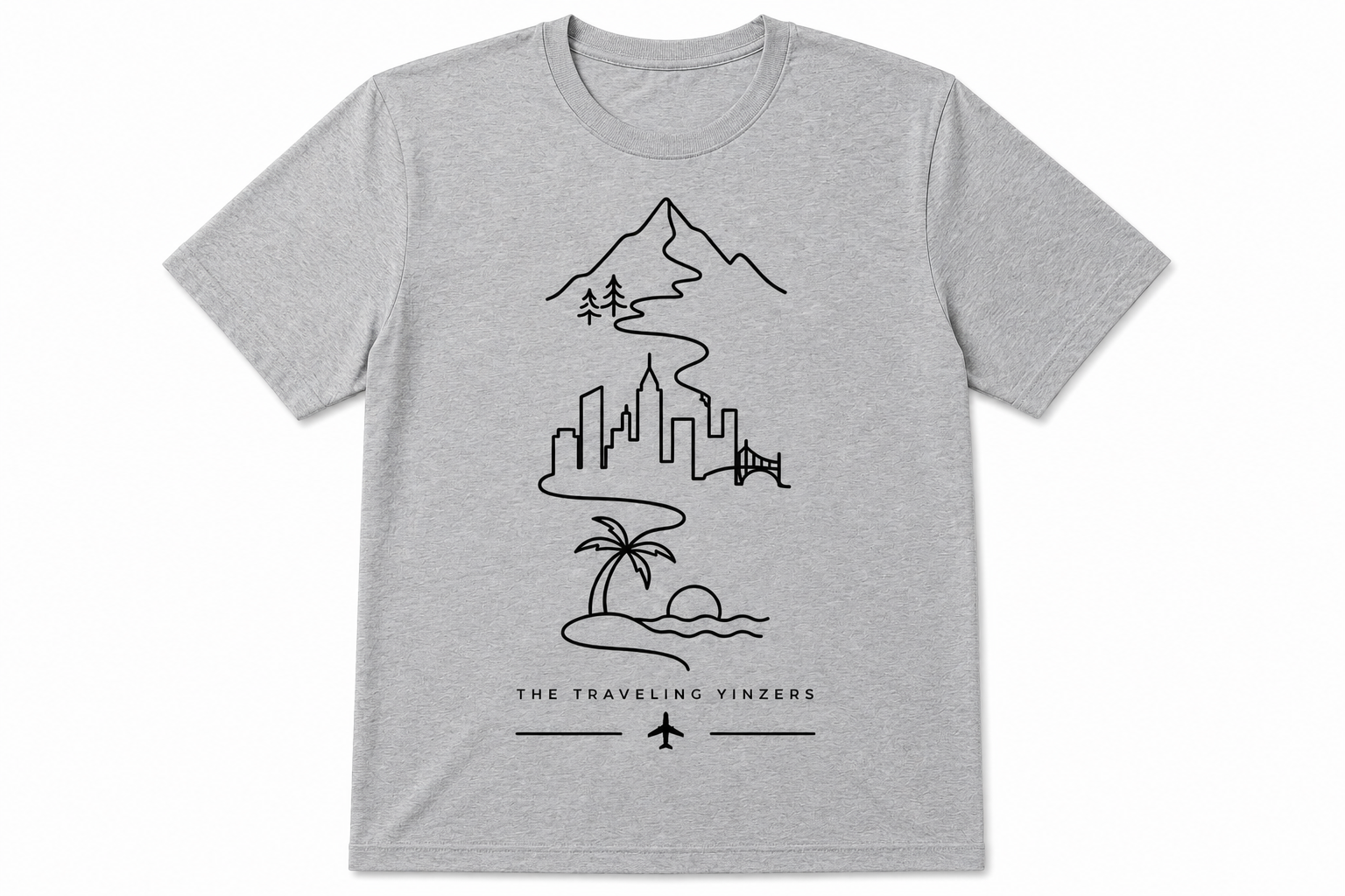 Grey t-shirt with continuous line art journey design showing mountains city and beach by The Traveling Yinzers