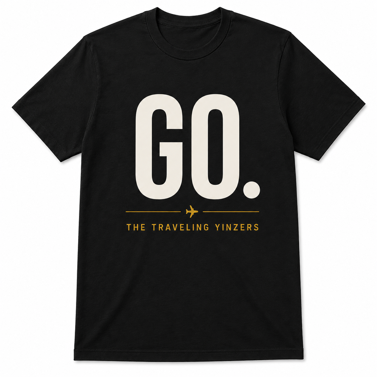 Black t-shirt with oversized GO. text in cream and gold airplane divider by The Traveling Yinzers