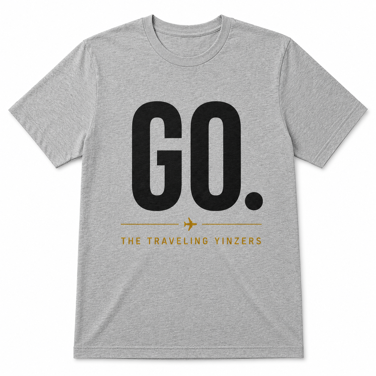 Grey t-shirt with oversized GO. text and gold airplane divider by The Traveling Yinzers