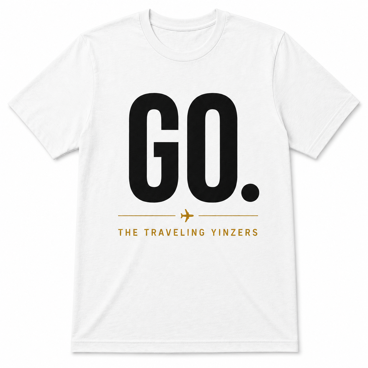 White t-shirt with oversized GO. text and gold airplane divider by The Traveling Yinzers