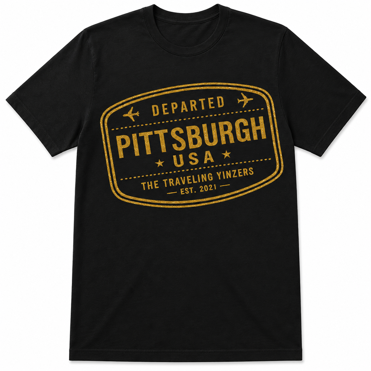 Black t-shirt with gold foil Departed Pittsburgh USA passport stamp design by The Traveling Yinzers Est 2021