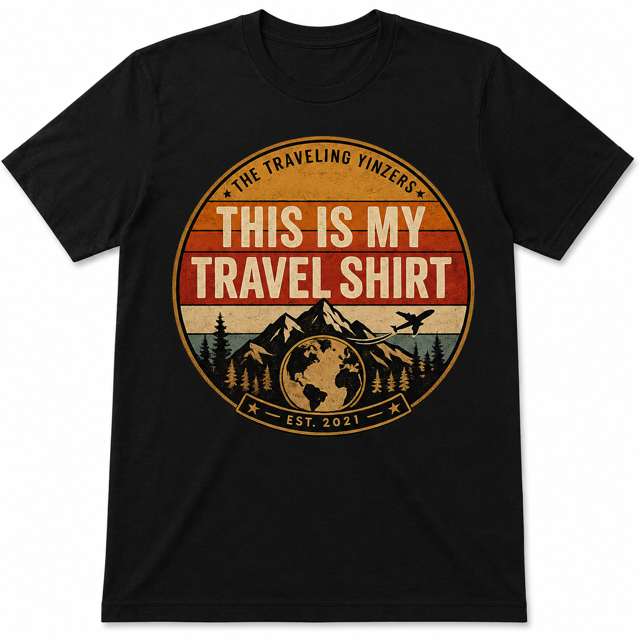 Black t-shirt with vintage badge This Is My Travel Shirt design by The Traveling Yinzers Est 2021