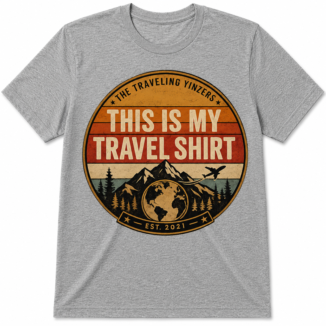 Grey t-shirt with vintage badge This Is My Travel Shirt design by The Traveling Yinzers Est 2021