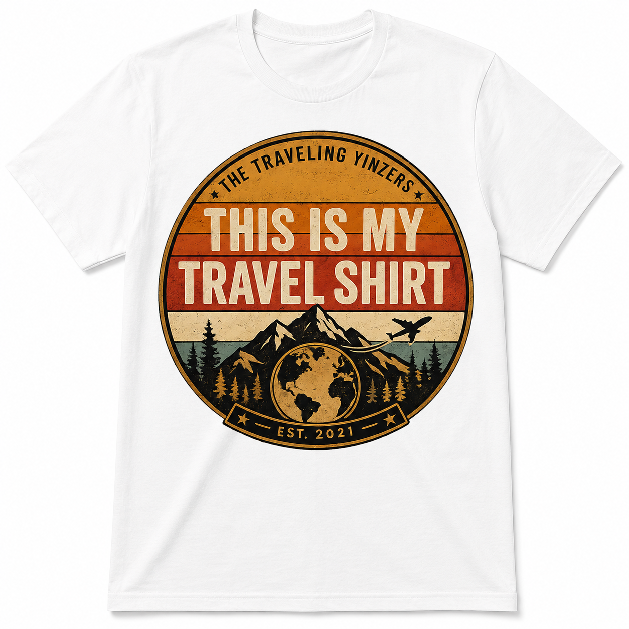 White t-shirt with vintage badge This Is My Travel Shirt design by The Traveling Yinzers Est 2021