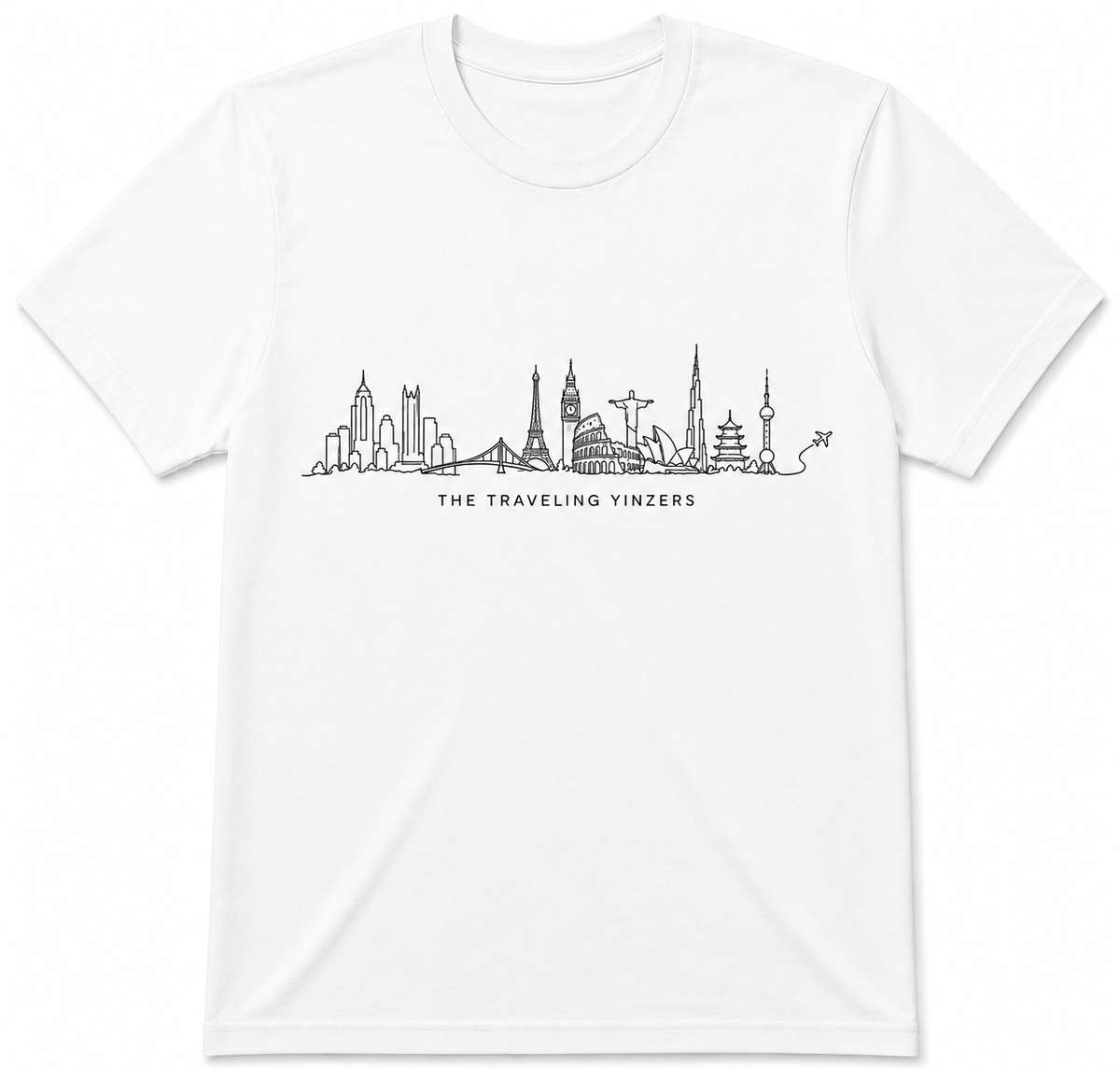 White t-shirt with black line art world landmarks skyline and The Traveling Yinzers text