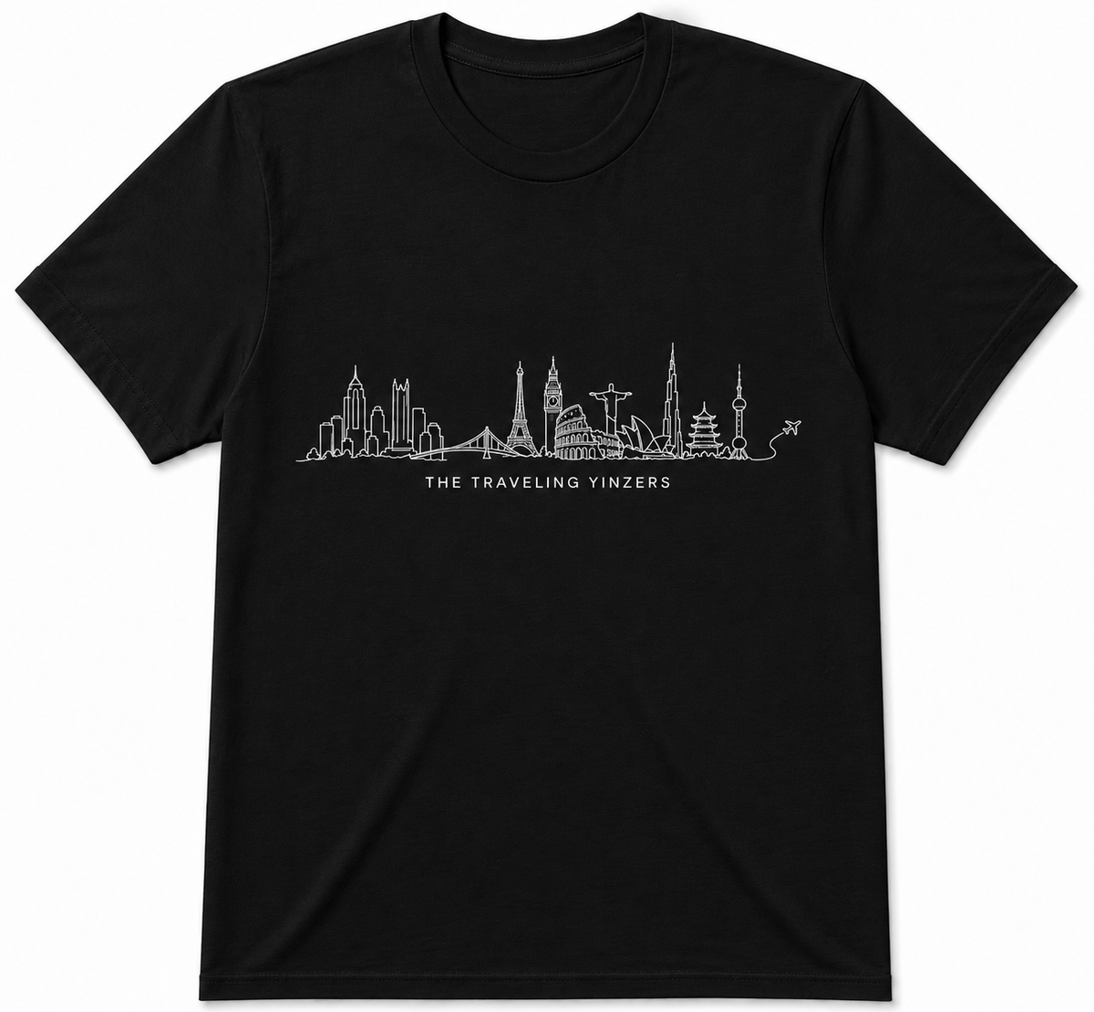 Black t-shirt with white line art world landmarks skyline and The Traveling Yinzers text
