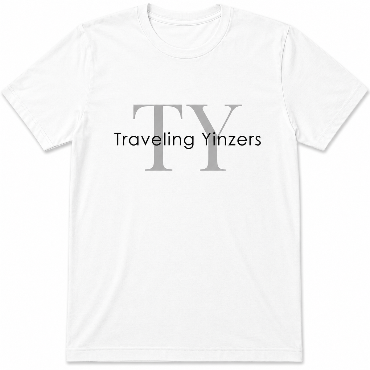 White t-shirt with oversized TY monogram and Traveling Yinzers text