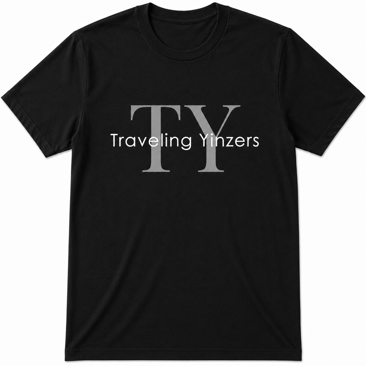 Black t-shirt with oversized TY monogram and Traveling Yinzers text