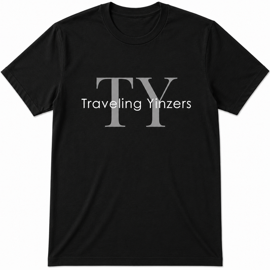 Black t-shirt with oversized TY monogram and Traveling Yinzers text