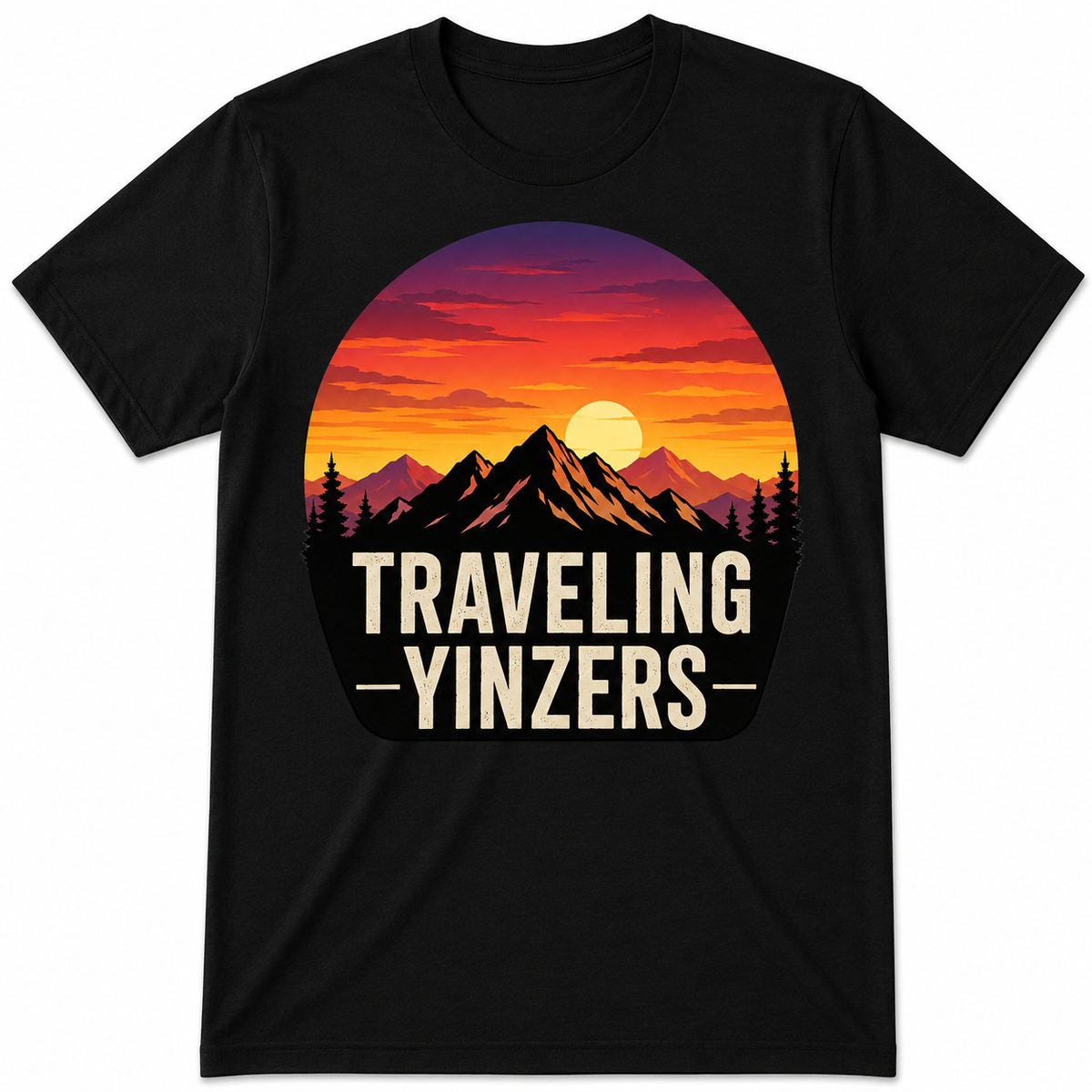 Black t-shirt with vibrant sunset mountain graphic and Traveling Yinzers text