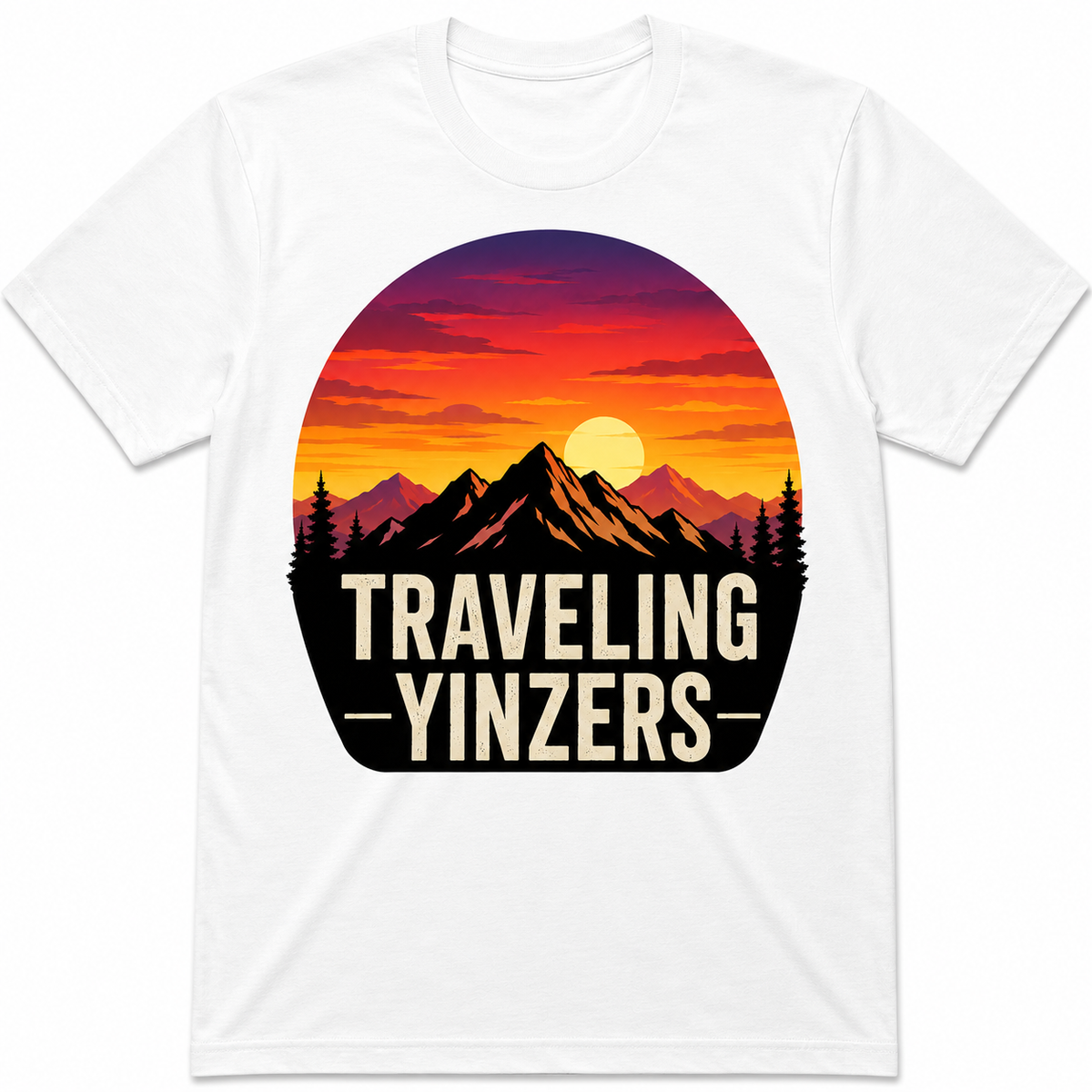 White t-shirt with vibrant sunset mountain graphic and Traveling Yinzers text