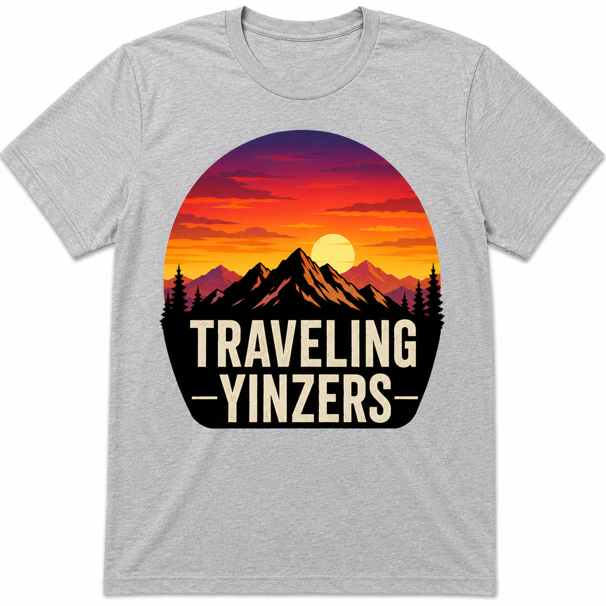Grey t-shirt with vibrant sunset mountain graphic and Traveling Yinzers text