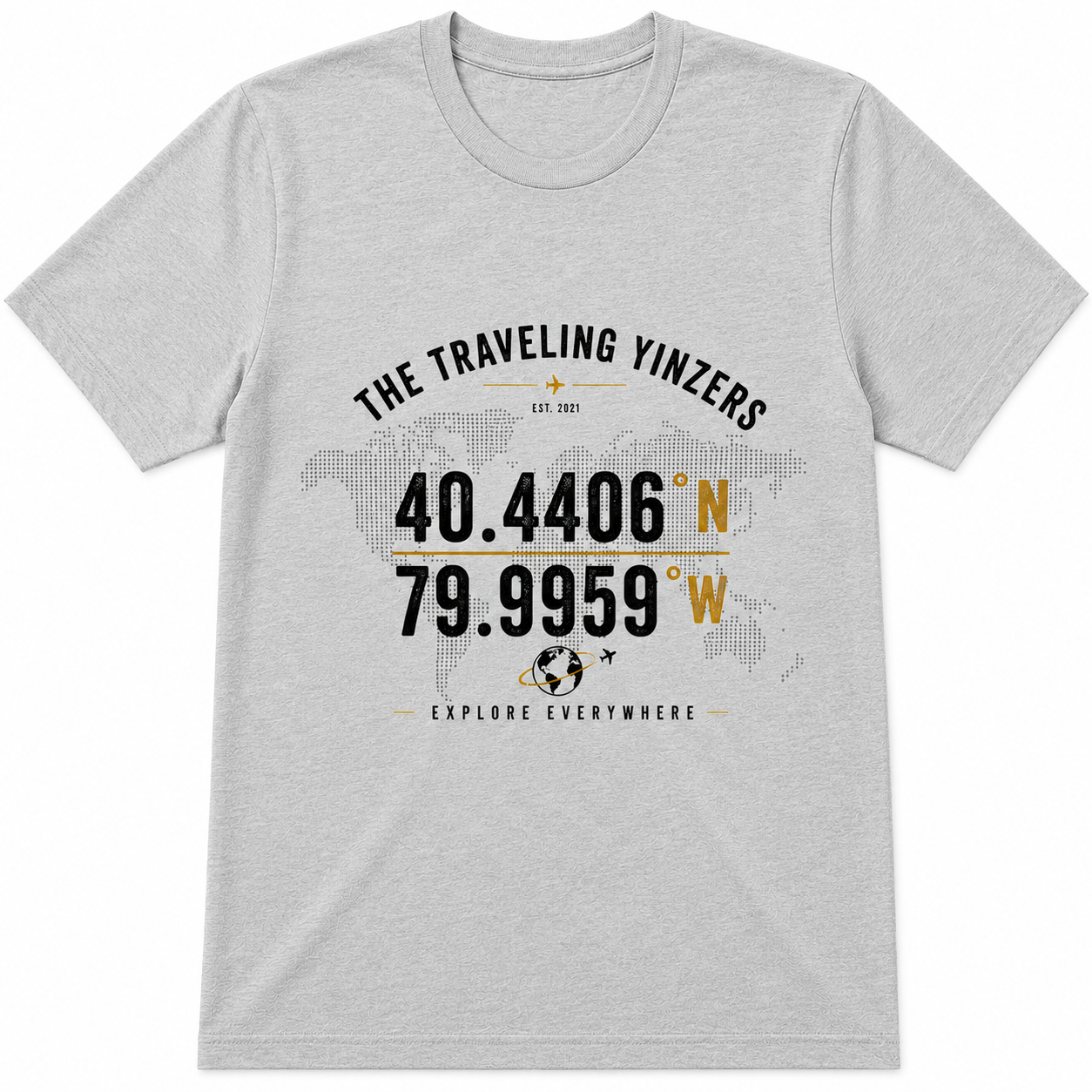 Grey t-shirt with Pittsburgh coordinates 40.4406N 79.9959W and Explore Everywhere graphic by The Traveling Yinzers