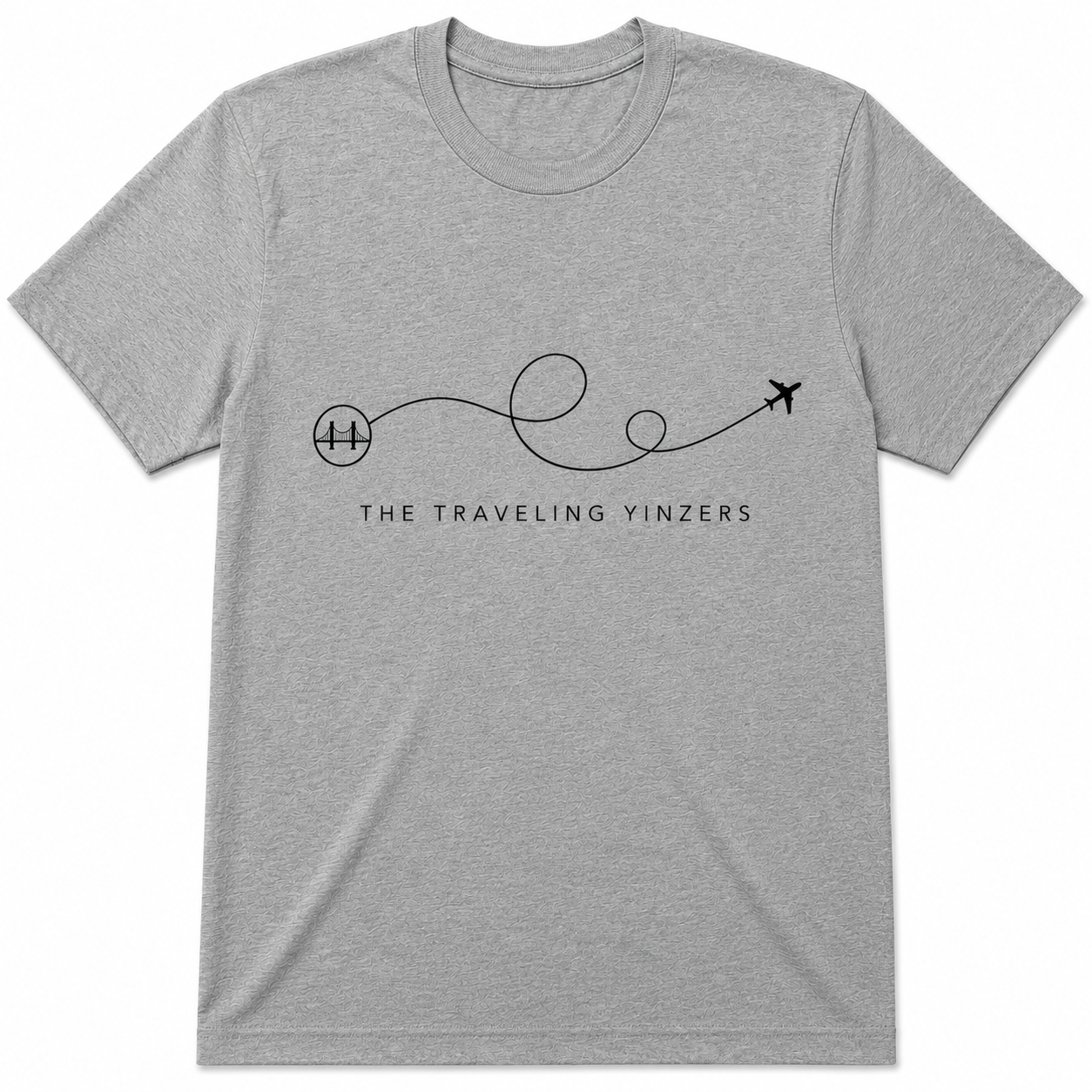 White t-shirt with black minimalist flight path and bridge graphic by The Traveling Yinzers