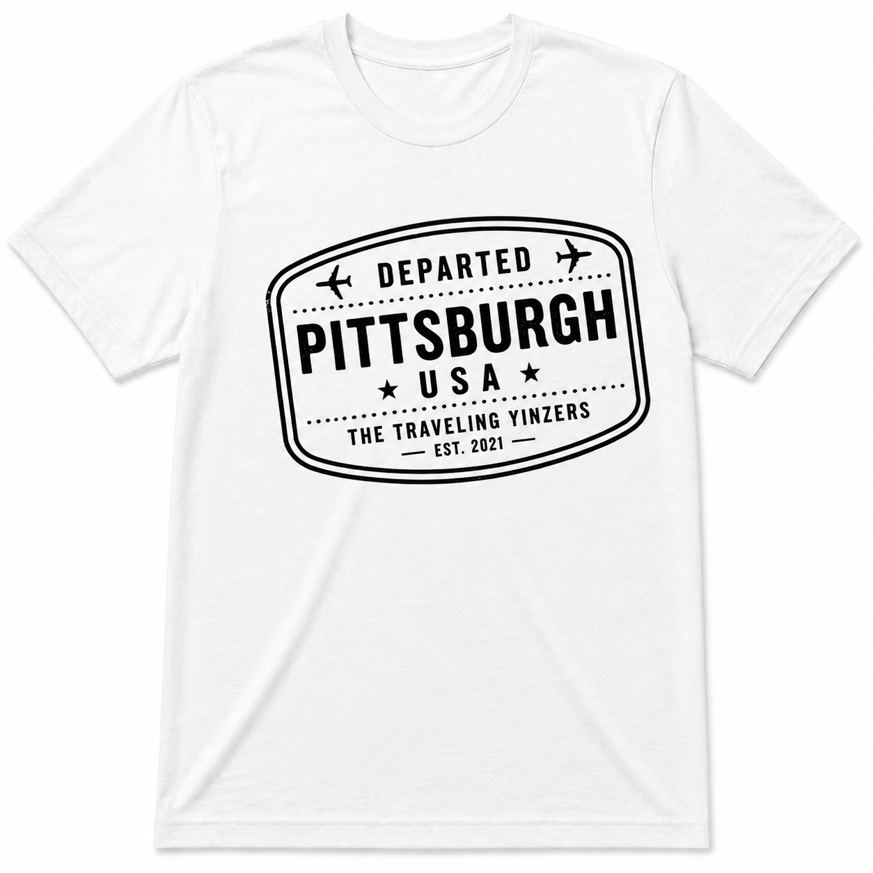 White t-shirt with black Departed Pittsburgh USA passport stamp design by The Traveling Yinzers Est 2021