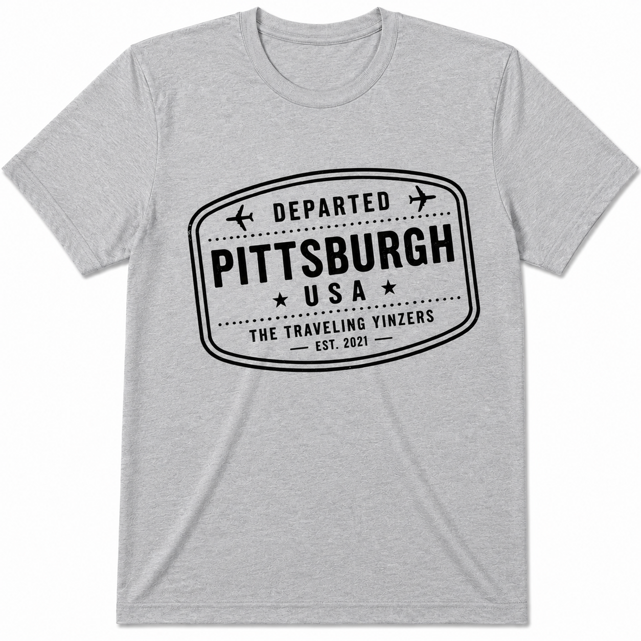 Grey t-shirt with black Departed Pittsburgh USA passport stamp design by The Traveling Yinzers Est 2021
