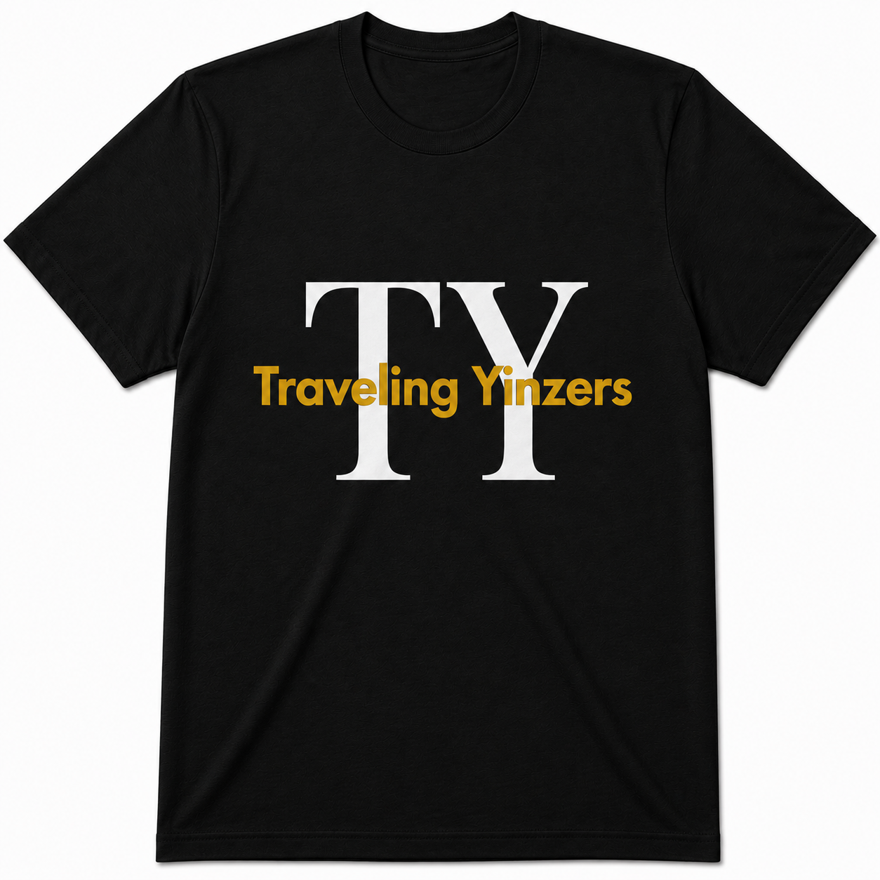 Black t-shirt with oversized white TY serif monogram and gold Traveling Yinzers wordmark